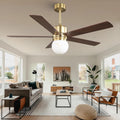 52' Gold Ceiling Fan with Light and Remote, Modern Brushed Gold Indoor Ceiling Fan, Reversible DC Motor, Dimmable LED 3 Color Temp 3000K/4000K/5000K, Dual-Finish White/Walnut Blades