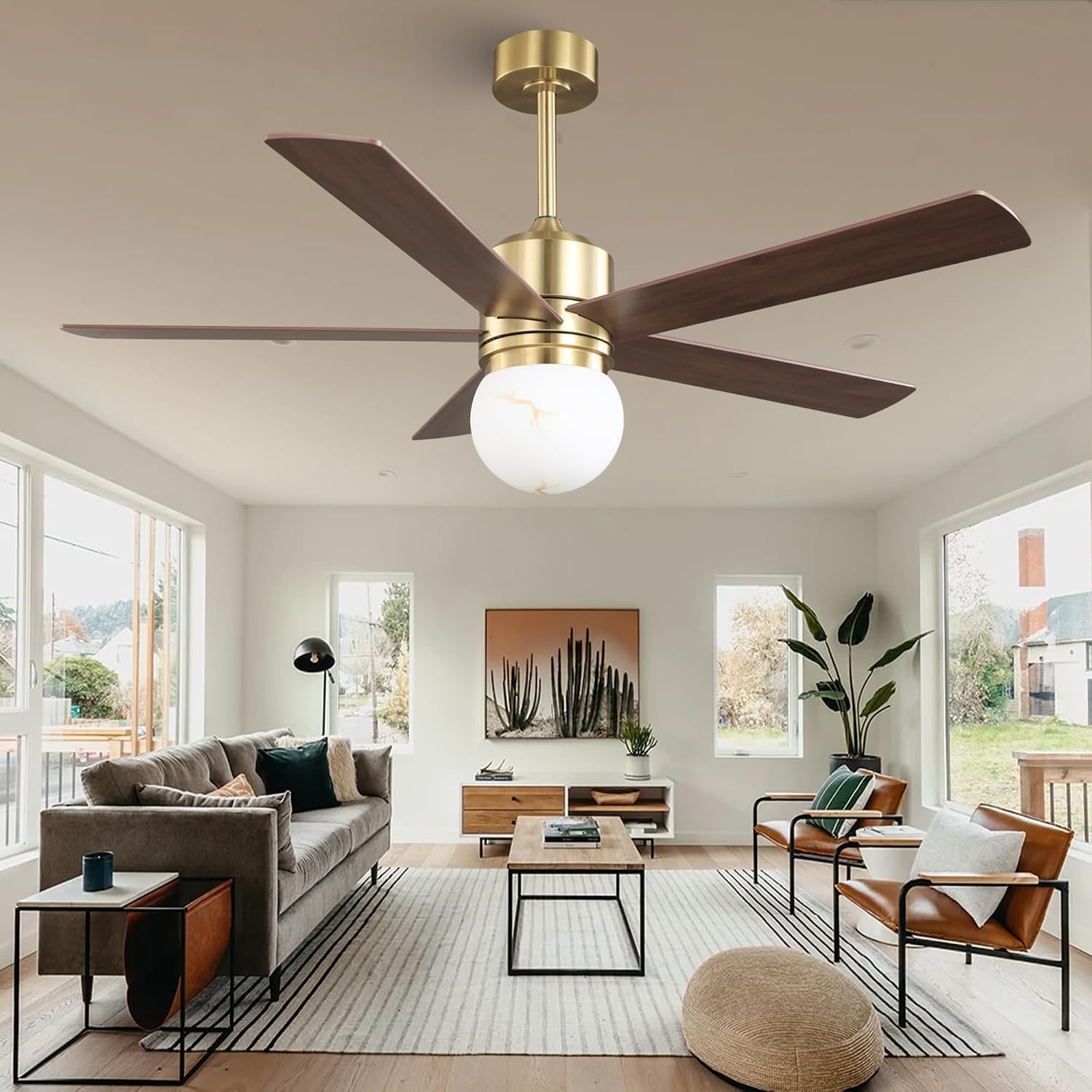 52' Gold Ceiling Fan with Light and Remote, Modern Brushed Gold Indoor Ceiling Fan, Reversible DC Motor, Dimmable LED 3 Color Temp 3000K/4000K/5000K, Dual-Finish White/Walnut Blades