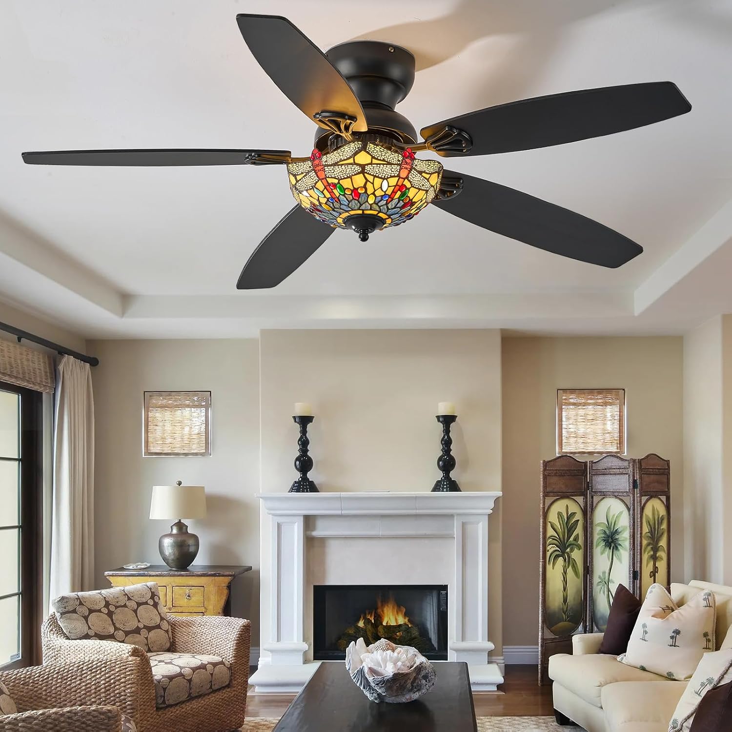 Tiffany Ceiling Fans with Lights - 52' Ceiling Fan Chandelier with 5 Dual-Blades and Glass Shade, 6 Speeds and Reversible, Indoor and Outdoor, Retro Style