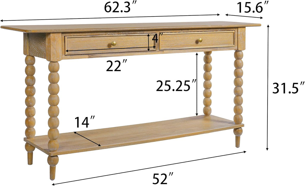Christopher Knight Home Zeka Narrow Console Table with Storage, Wood Entryway Table with 2 Drawers and 1 Bottom Shelf, Retro Display Table with Unique Spherical Legs for Hallway, Living Room, Natural
