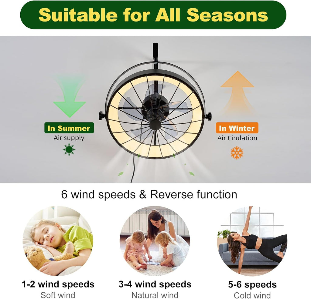 Wall Mount Fan with Remote App Control, 20' Quiet Wall Mounted Fans with Light, 3 Color Dimmable, 360° Adjustable Tilt Plug in Ceiling Fan Indoor Wall Hanging Fan for Garage, Home, Patio