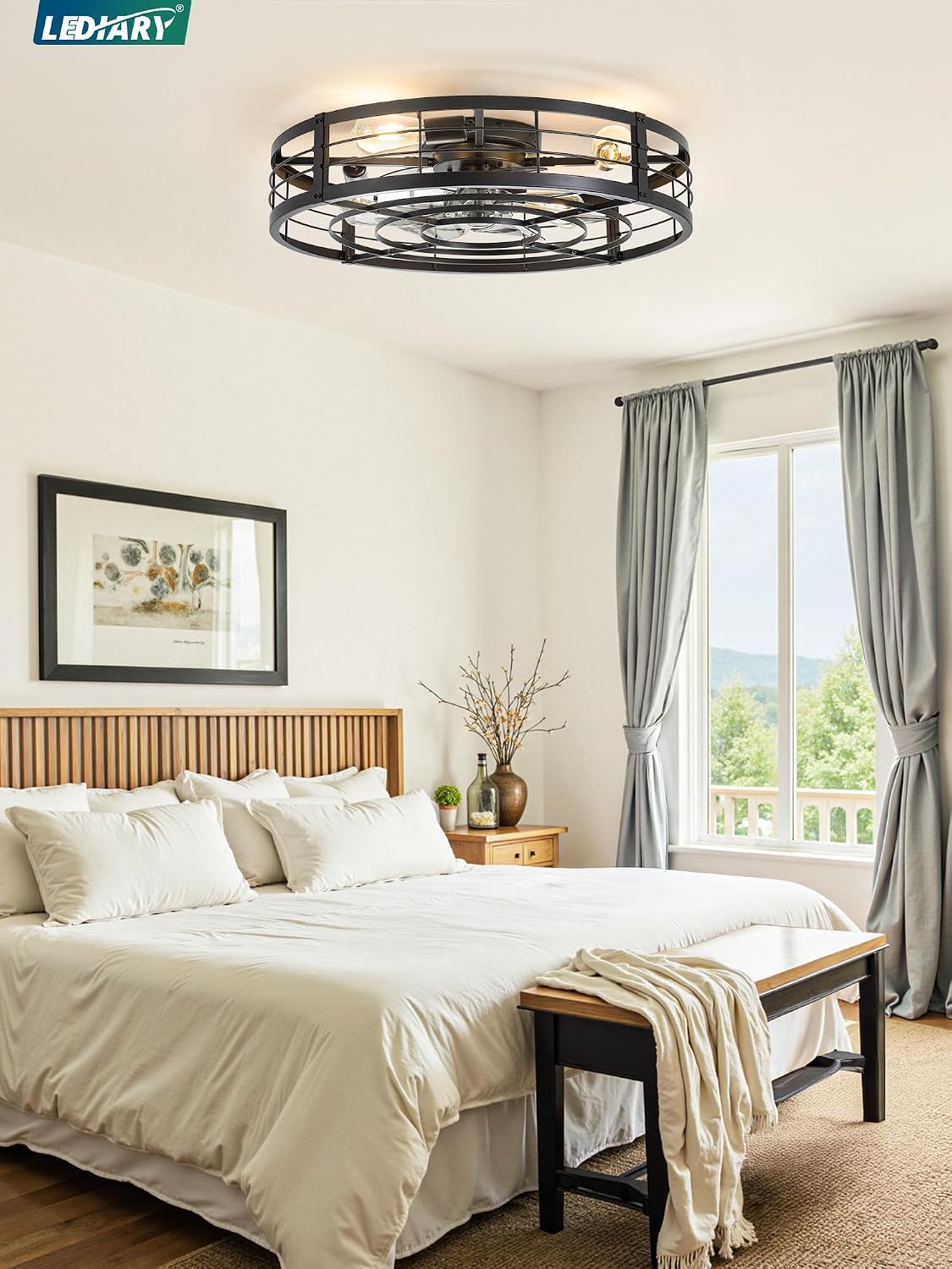 LEDIARY 26' Caged Ceiling Fan with Light and Remote, Low Profile Flush Mount Fandelier, Black Bladeless Enclosed Small Fan Lights Ceiling Fixtures, Rustic Farmhouse Style for Bedroom, Outdoor