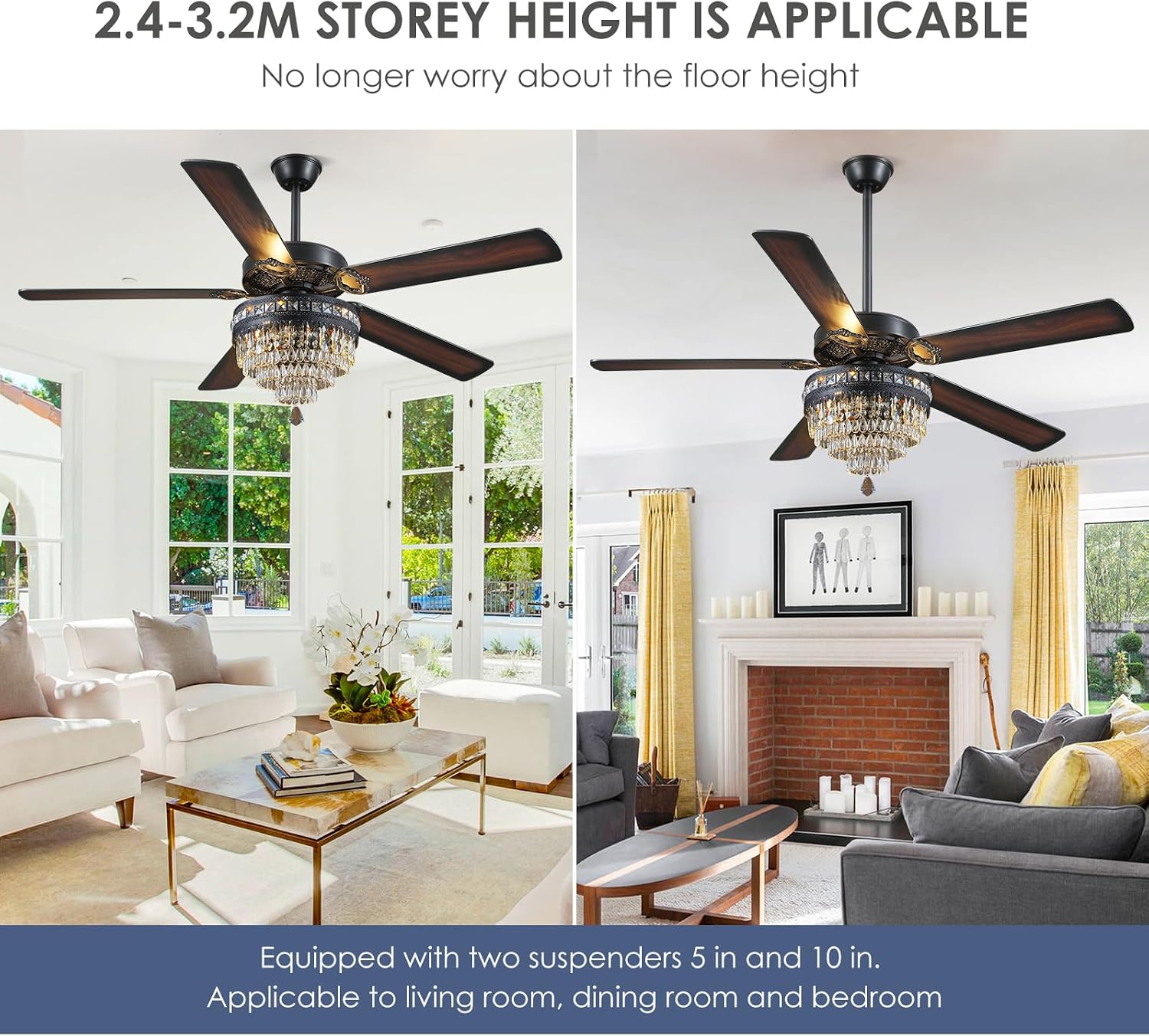 Asyko 62' Crystal Ceiling Fan Fandelier with Lights - Black Modern Crystal Chandelier Fans with Remote Control，Noiseless DC Motor, Retro/Farmhouse Lighting, Dining Room， Living Room