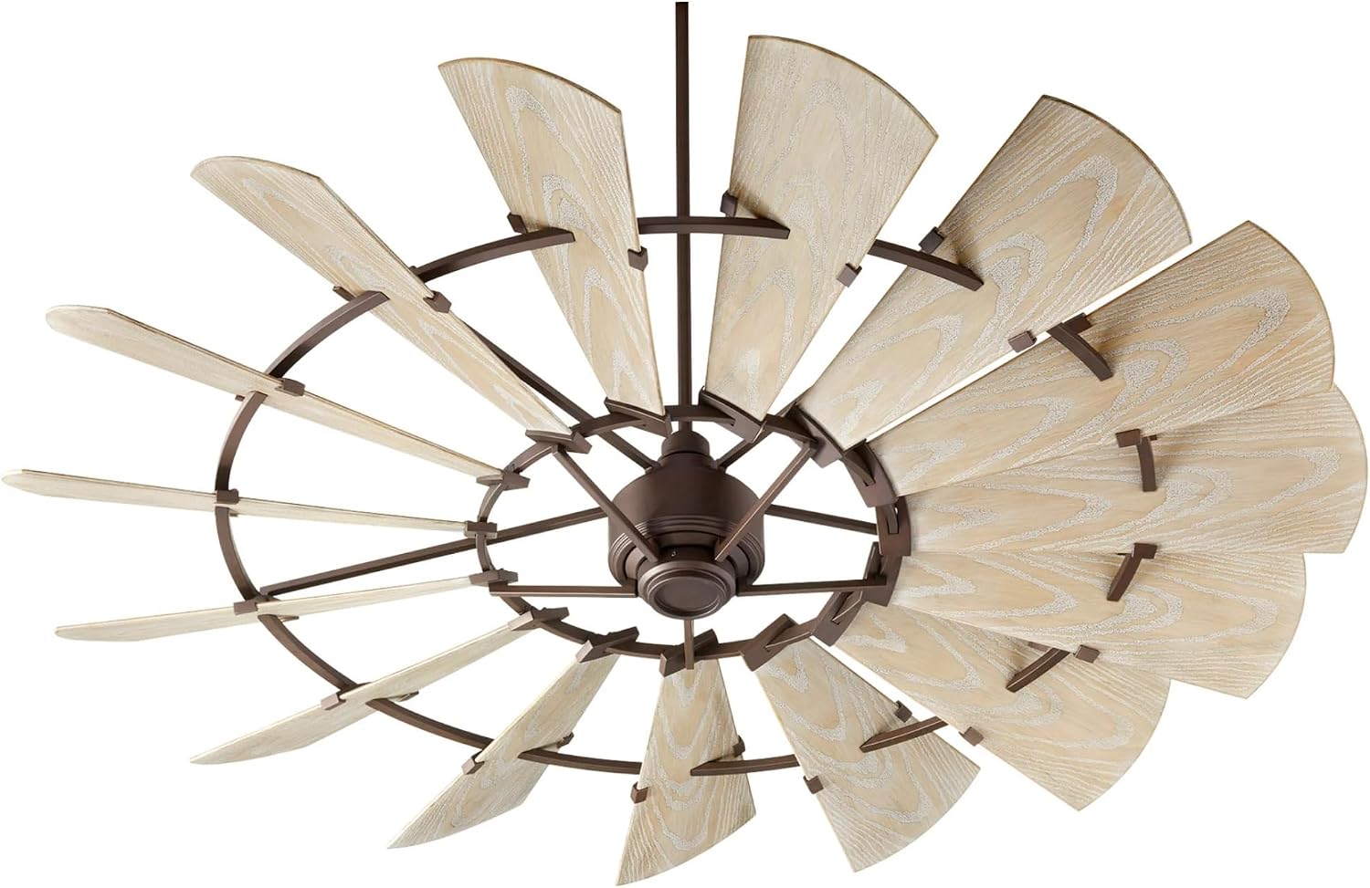Quorum 196015-86 Windmill 60 Inch Ceiling Fan | 15 Blade Wagon Wheel Design | 6 Speed Reversible DC Motor | Remote Control Included | Damp Rated Fan | Weathered Oak Blades | Oiled Bronze Finish