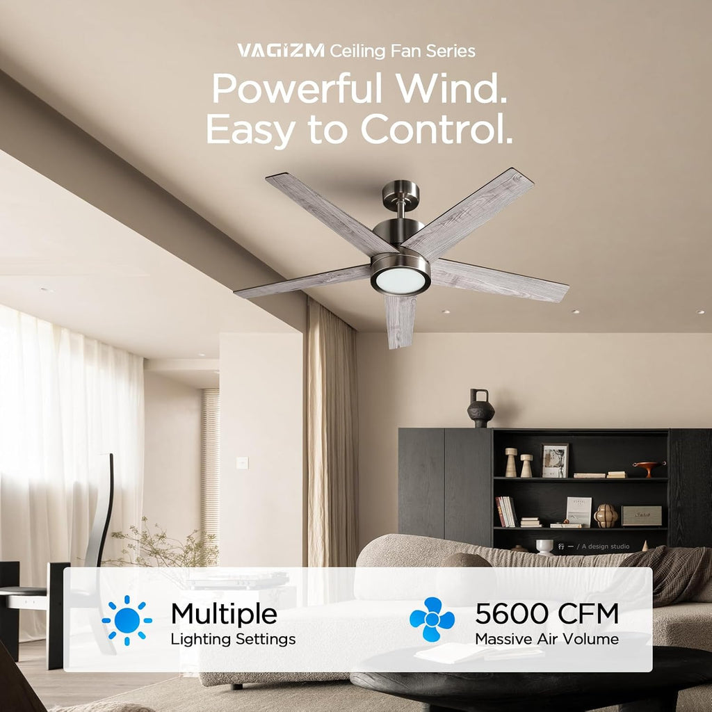 52 Inch Ceiling Fan Brushed Nickel Remote Controlled Dimmable Light Combo - Quiet Reversible DC Motor - 5 Blades