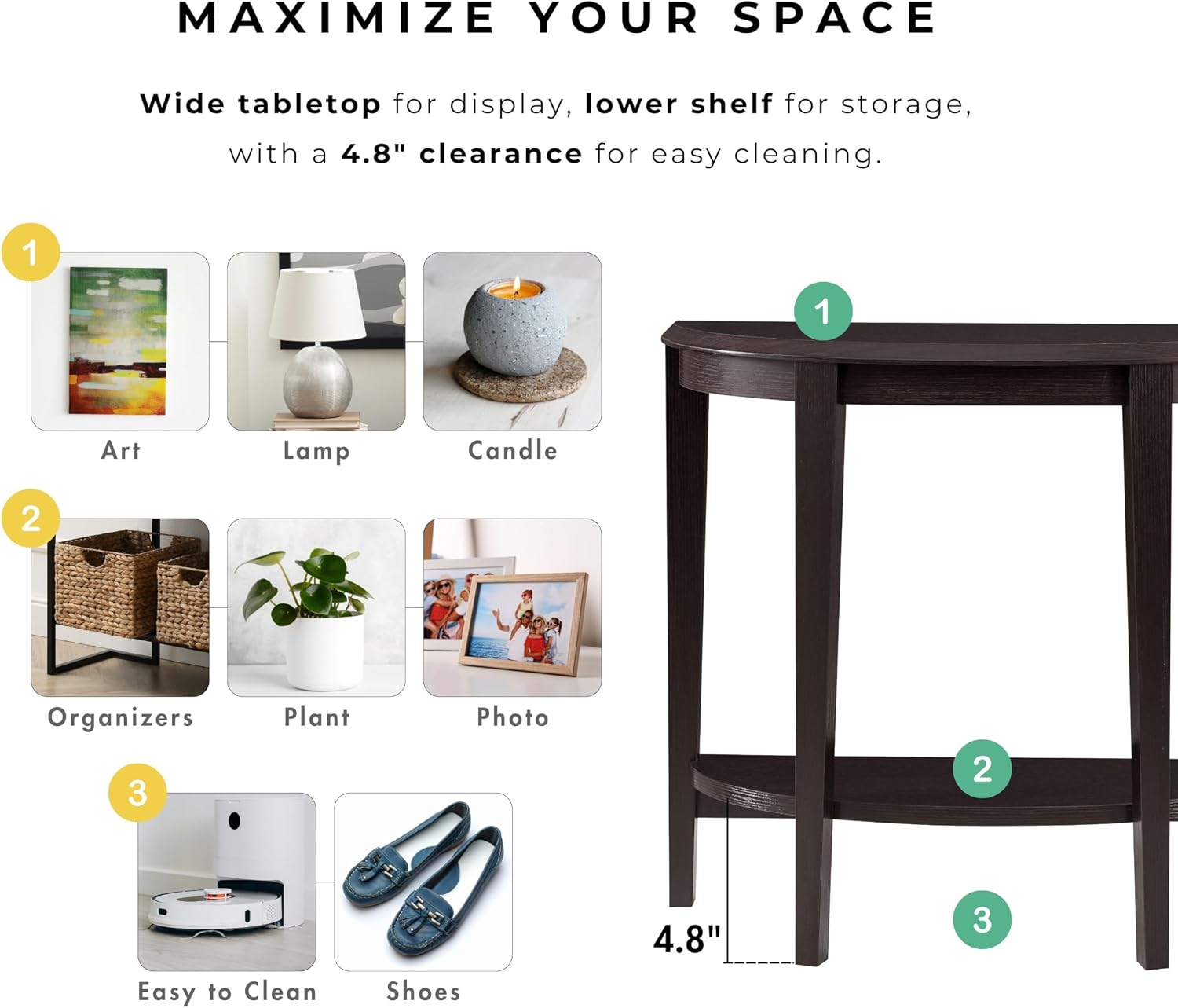 Homes: Inside + Out Payne Modern Half Moon Accent Console Table with Storage Shelf, Decorative Entryway Furniture for Living Room, Hallway, Entrance, Small Spaces, Cappuccino