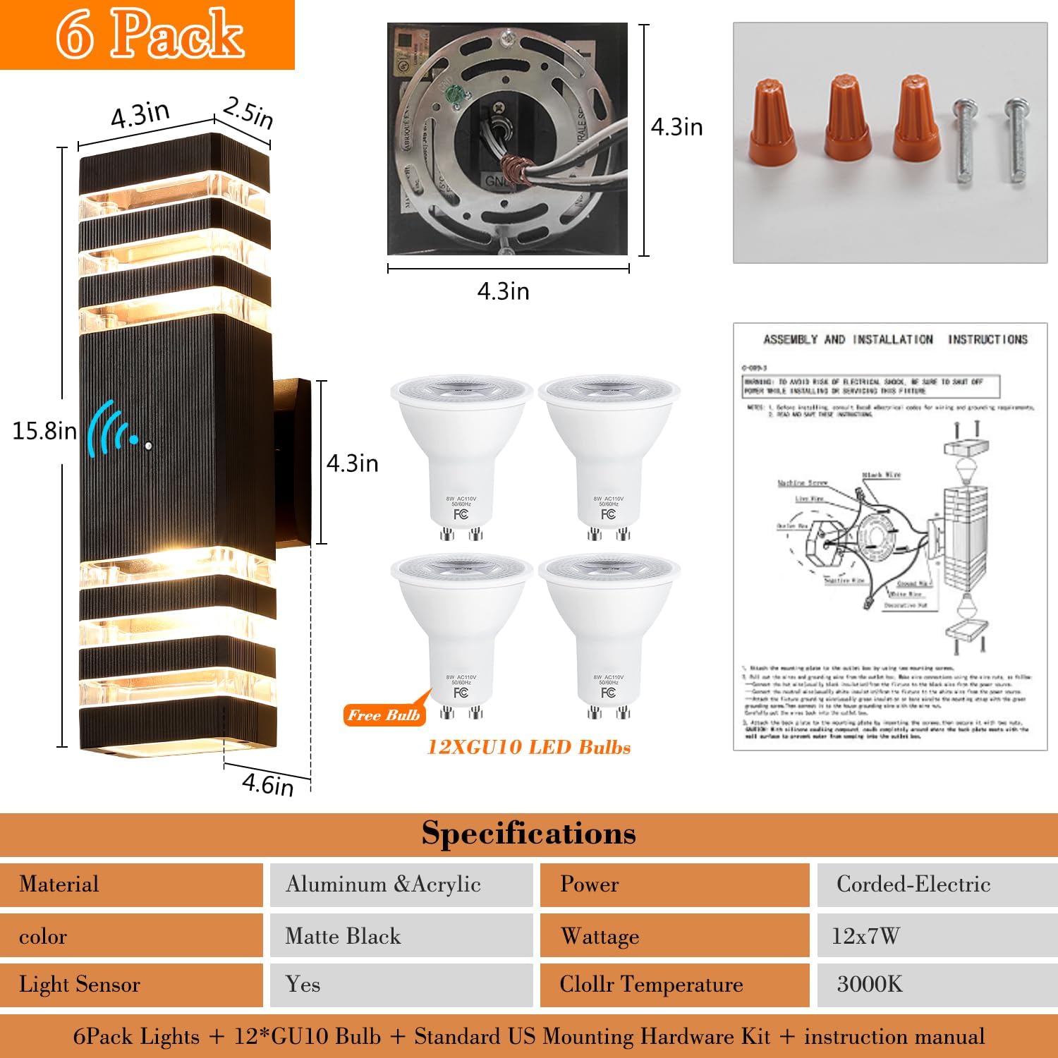 6 Pack Dusk to Dawn Outdoor Light Fixture,14W IP65 3000K 1100LM Warm White,Exterior Lights for House, Up and Down Outdoor Sconce Lights, Aluminum Outdoor Lights for House Porch Garage