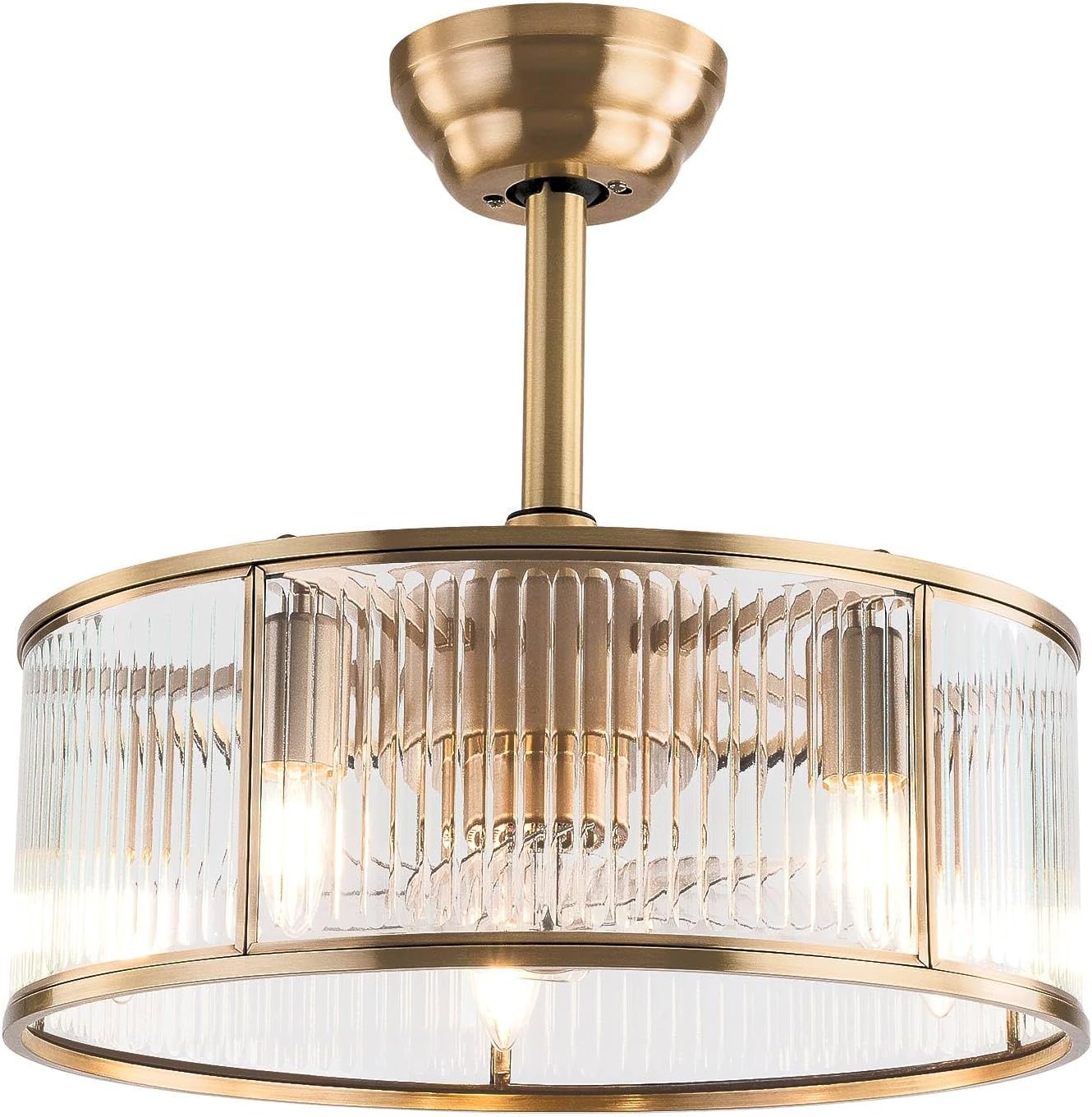OUKANING Farmhouse Caged Ceiling Fan with Light and Remote, Gold Flush Mount Fandelier, Quiet Enclosed Ceiling Fan for Bedroom, Kitchen, Dining Room and Living Room