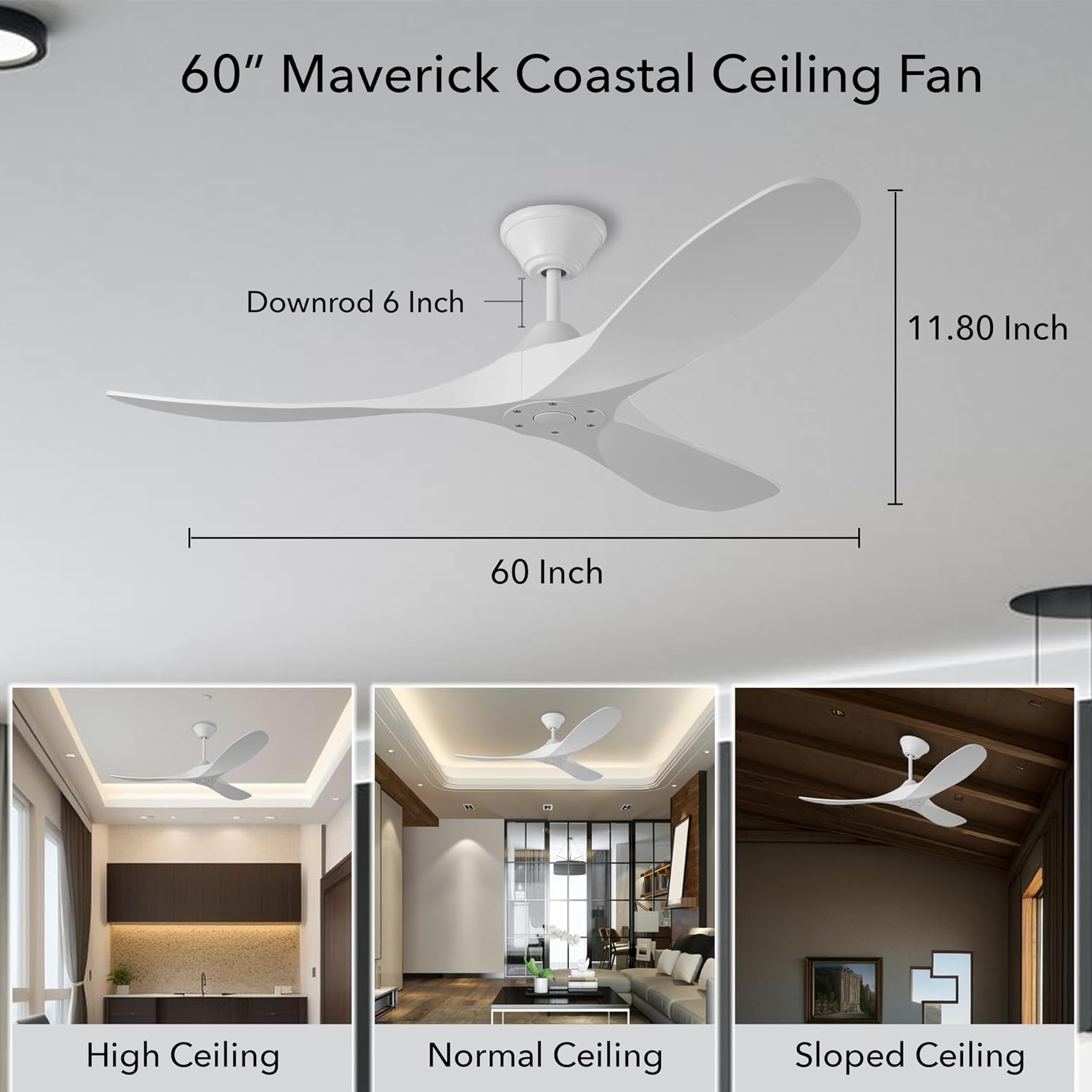 Generation Lighting 3MGMR60RZW-V2 Maverick Coastal Ceiling Fan with Remote Control, Wet Rated Indoor Outdoor Fan, Marine Grade Steel, Reversible DC Motor, 3 Blade High CFM (Matte White, 60-Inch)