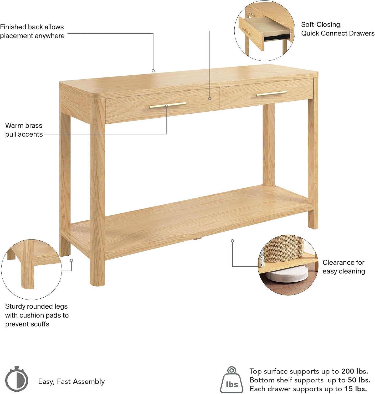 Bush Home Vera Console Table, Living Room or Entryway Furniture, Vera Collection, Natural White Oak