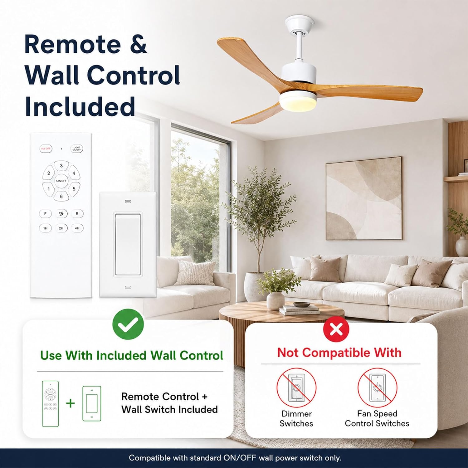 48-Inch Modern Ceiling Fan with LED Light, 6-Speed DC Motor, Remote & Wall Control, Reversible Blades Wood Quiet Ceiling Fans for Bedroom & Living Room