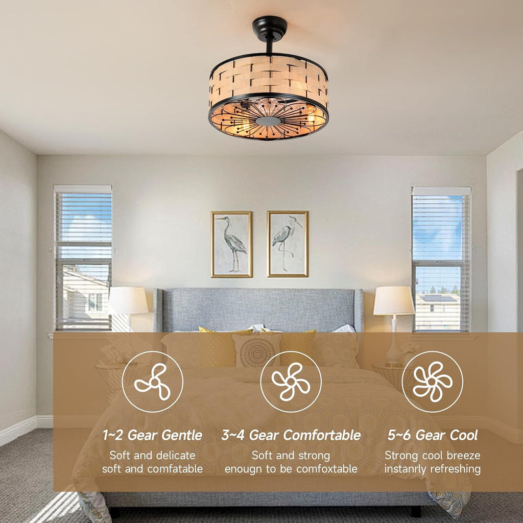 18.9in Boho Fandelier Ceiling Fan with Lights Wicker Chandelier Fan Rattan Caged Ceiling Light with Fans for Kitchen Island Bedroom Dining Room, Remote Control Reversible 6 Speeds E26 Base
