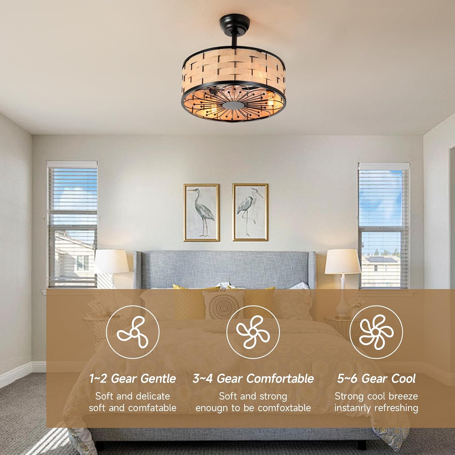 18.9in Boho Fandelier Ceiling Fan with Lights Wicker Chandelier Fan Rattan Caged Ceiling Light with Fans for Kitchen Island Bedroom Dining Room, Remote Control Reversible 6 Speeds E26 Base