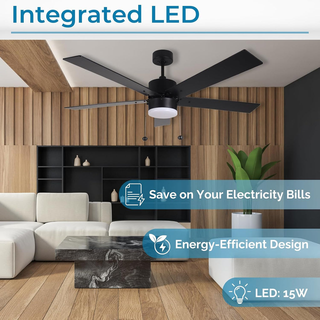 54 Inch Ceiling Fan with LED Light Matte Black Indoor/Outdoor Ceiling Fan with Pull Chain Dimmable 3-Color Temperature 3000K 4000K 5000K Reversible Motor for Bedroom Living Room Patio