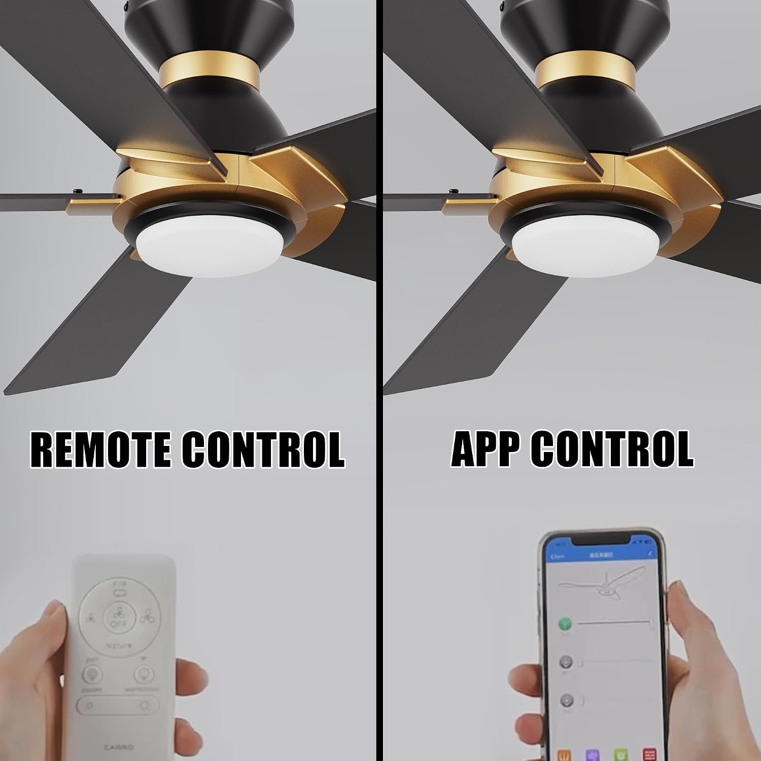 CEME Smart 52' Ceiling Fans with Lights Flush Mount, 3 Light Colors Dimmable, 10 Speeds DC Ceiling Fan with Remote, Outdoor Ceiling Fan Compatible with Alexa, Siri & Google Home, Black Gold