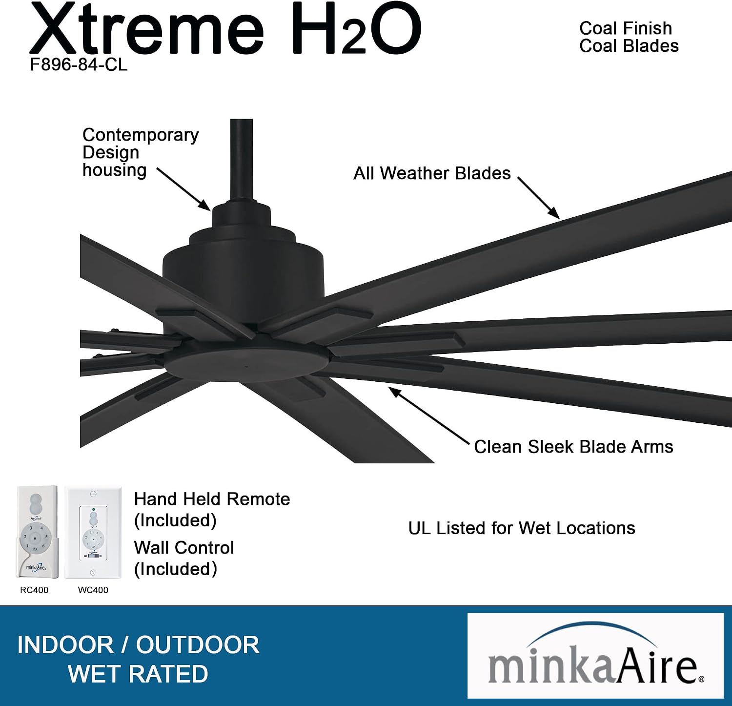 Minka-Aire F896-84-CL, Xtreme H2O 84' Ceiling Fan in Coal (Black) Finish with Remote and Additional Wall Control