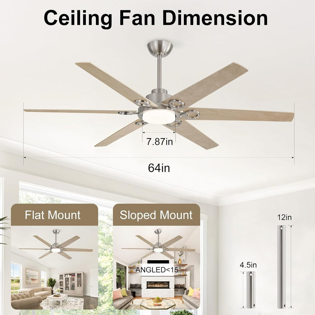 WINGBO Ceiling Fan with Lights - 64 inch Ceiling Fan with Remote,3CCT, Dimmable Light,6 Blades Modern Ceiling Fan, 6-Speed Noiseless Powerful DC Motor, ETL Listed, Indoor/Outdoor， Nickel + Light Wood