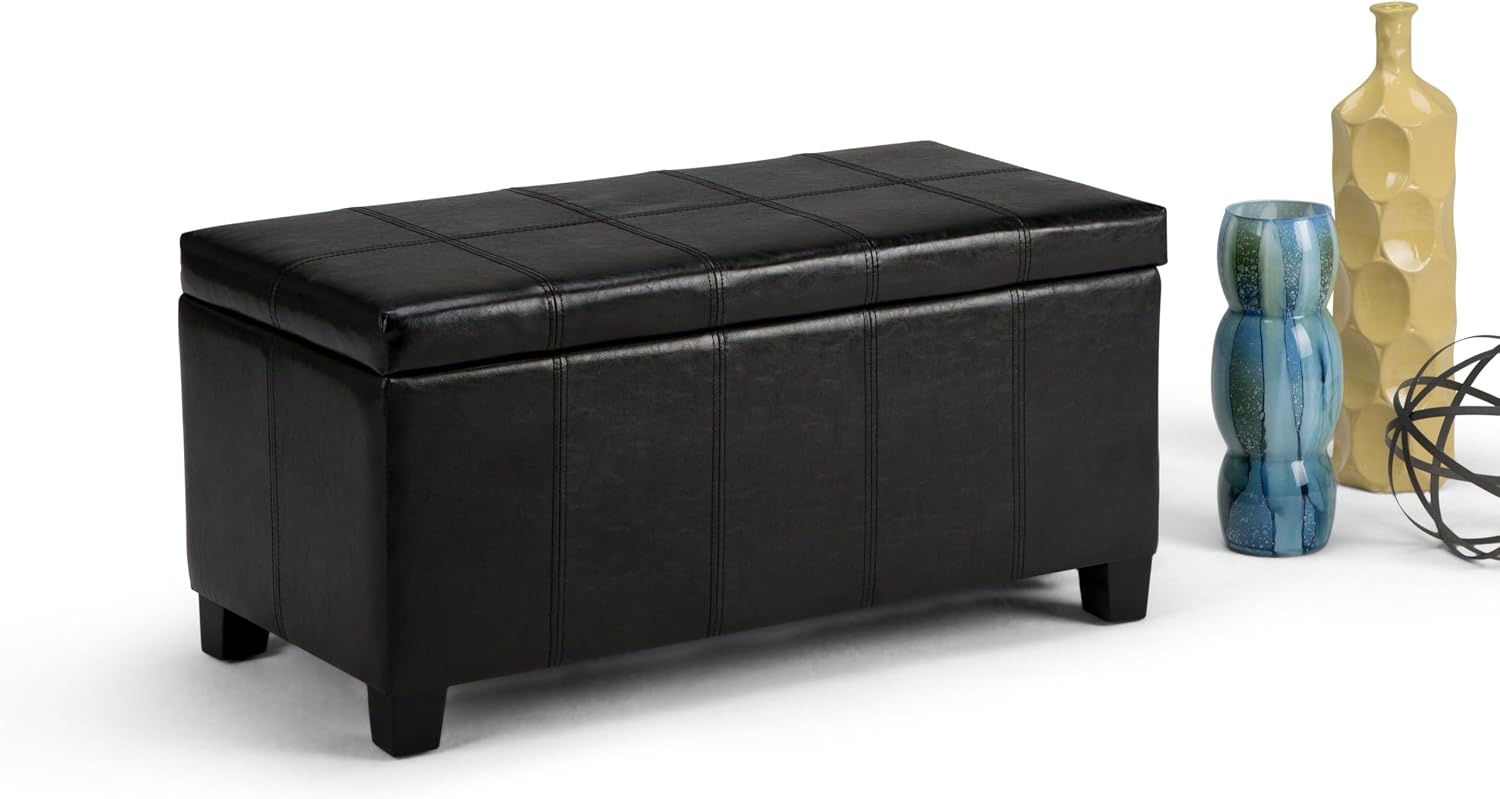 SIMPLIHOME Dover Storage Ottoman Bench - 36 inch Wide Upholstered Vegan Leather Rectangular Lift-Top Ottoman in Midnight Black, Contemporary Bench for Living Room with Safety Hinges