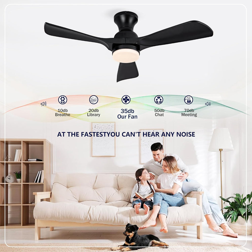 42 Inch Black Ceiling Fan with Lights Flush Mount Ceiling Fan with Remote Control, ABS Blades Outdoor Ceiling Fans for Bedroom,Farmhouse,Patio,Indoor, Quiet DC Motor