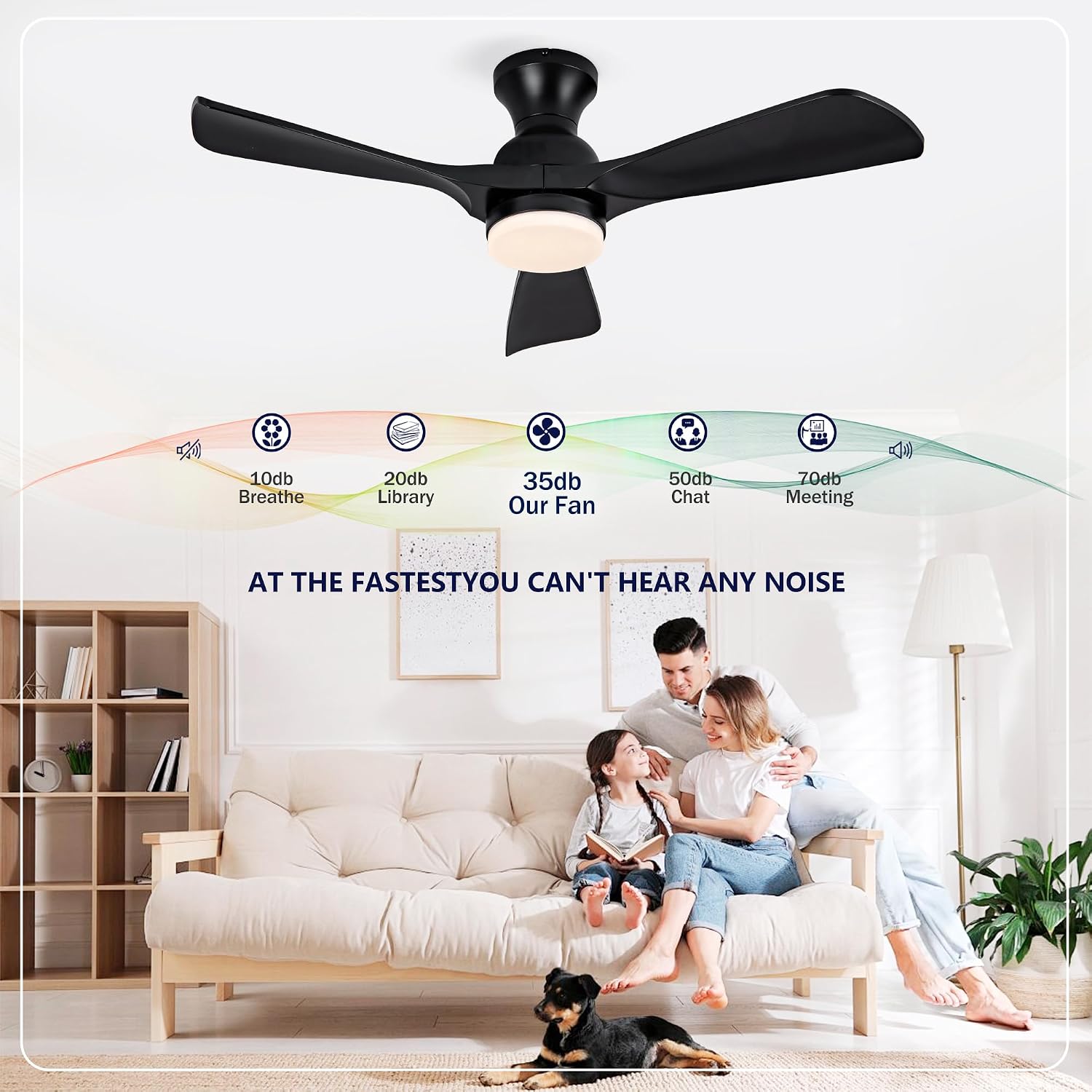 42 Inch Black Ceiling Fan with Lights Flush Mount Ceiling Fan with Remote Control, ABS Blades Outdoor Ceiling Fans for Bedroom,Farmhouse,Patio,Indoor, Quiet DC Motor