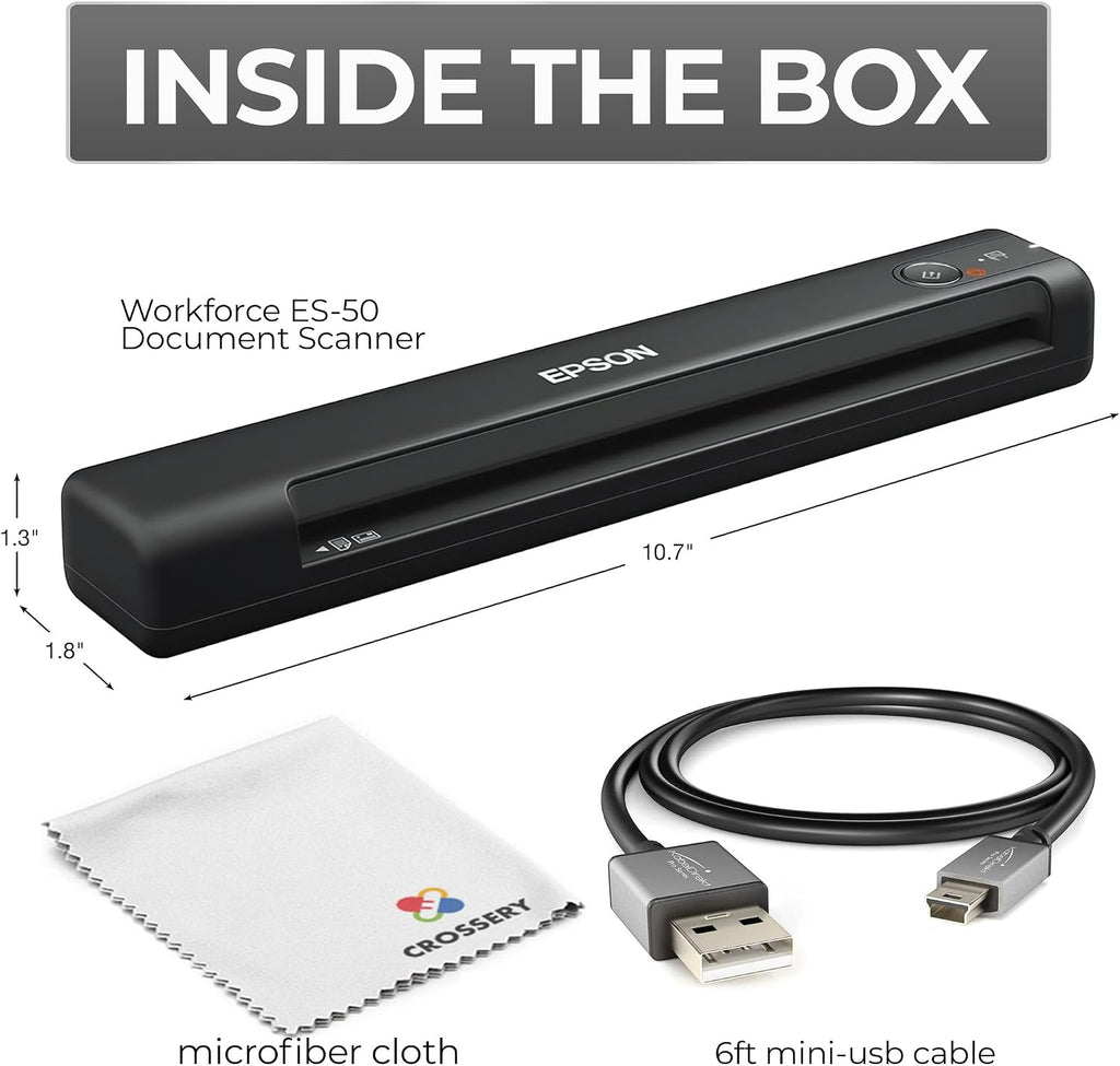Workforce Es-50 Portable Document Scanner for Laptop - Complete Bundle for Pc and Mac – Best Travel Photo Scanner, with Feeder, Wireless, Mobile Friendly, Mini USB Cable Included (Renewed)