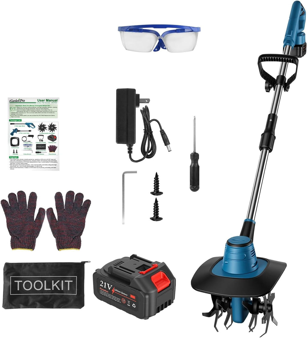 800W 21V Cordless Tiller Cultivator 3.0Ah Battery Powered Electric Garden Tiller Portable Rotary Tiller with 8.66' Width 6.69' Depth Manganese Steel Tines for Soil Cultivation Weeding Gardening