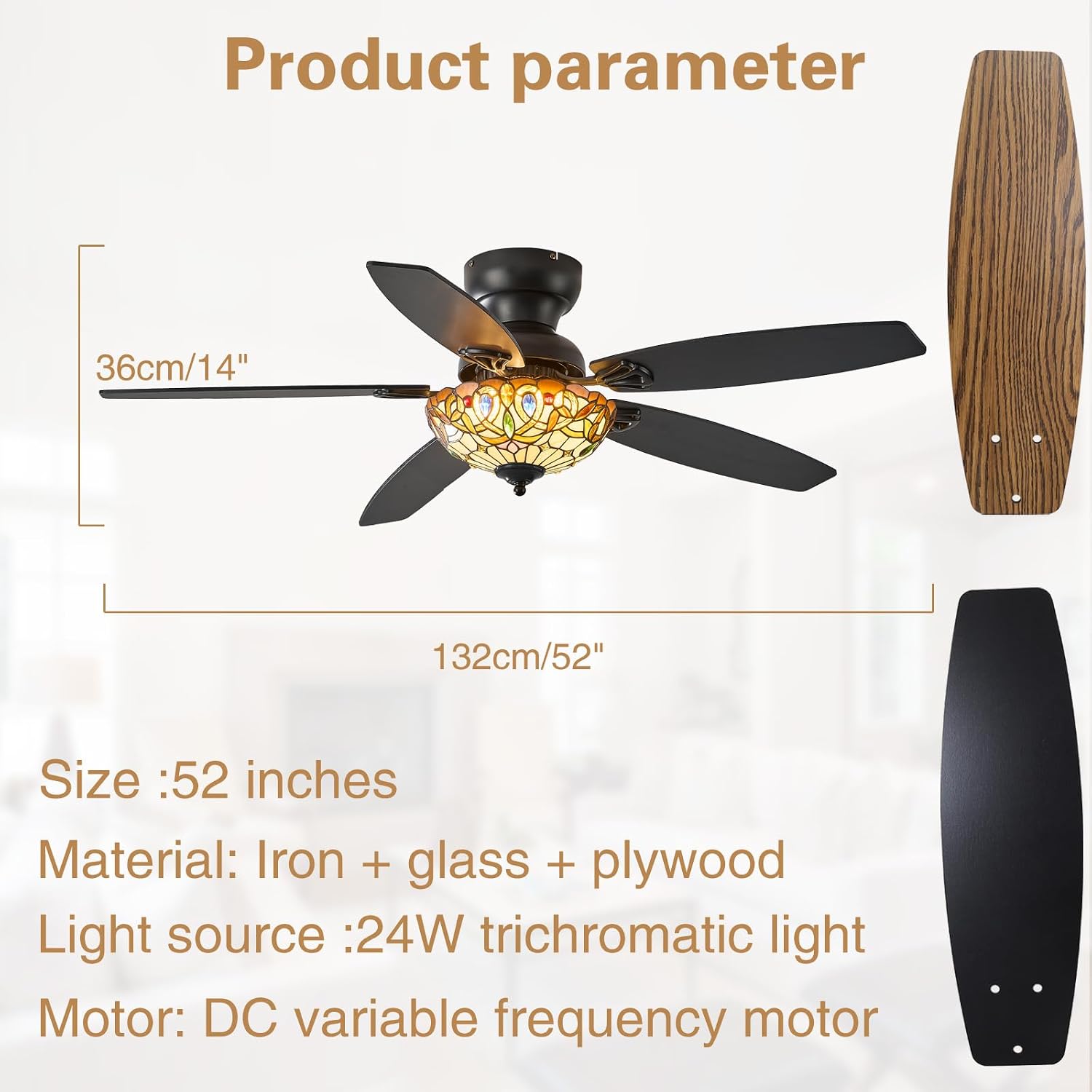 Ceiling Fans with Lights - 52' Ceiling Fan Chandelier with 5 Dual-Blades and Glass Shade, 6 Speeds and Reversible, Indoor and Outdoor, Retro Style