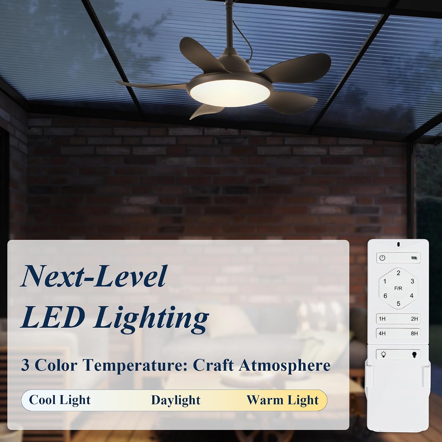 NORFOLK Ceiling Fan with Lights, 36'' Outdoor Waterproof Plug in IP65 Gazebo Fan, Wet Rated LED 3 Color Lighting with Remote, Easy Hanging with Hook for Indoor, Patios, Pergola, Garage, Deck, Coastal