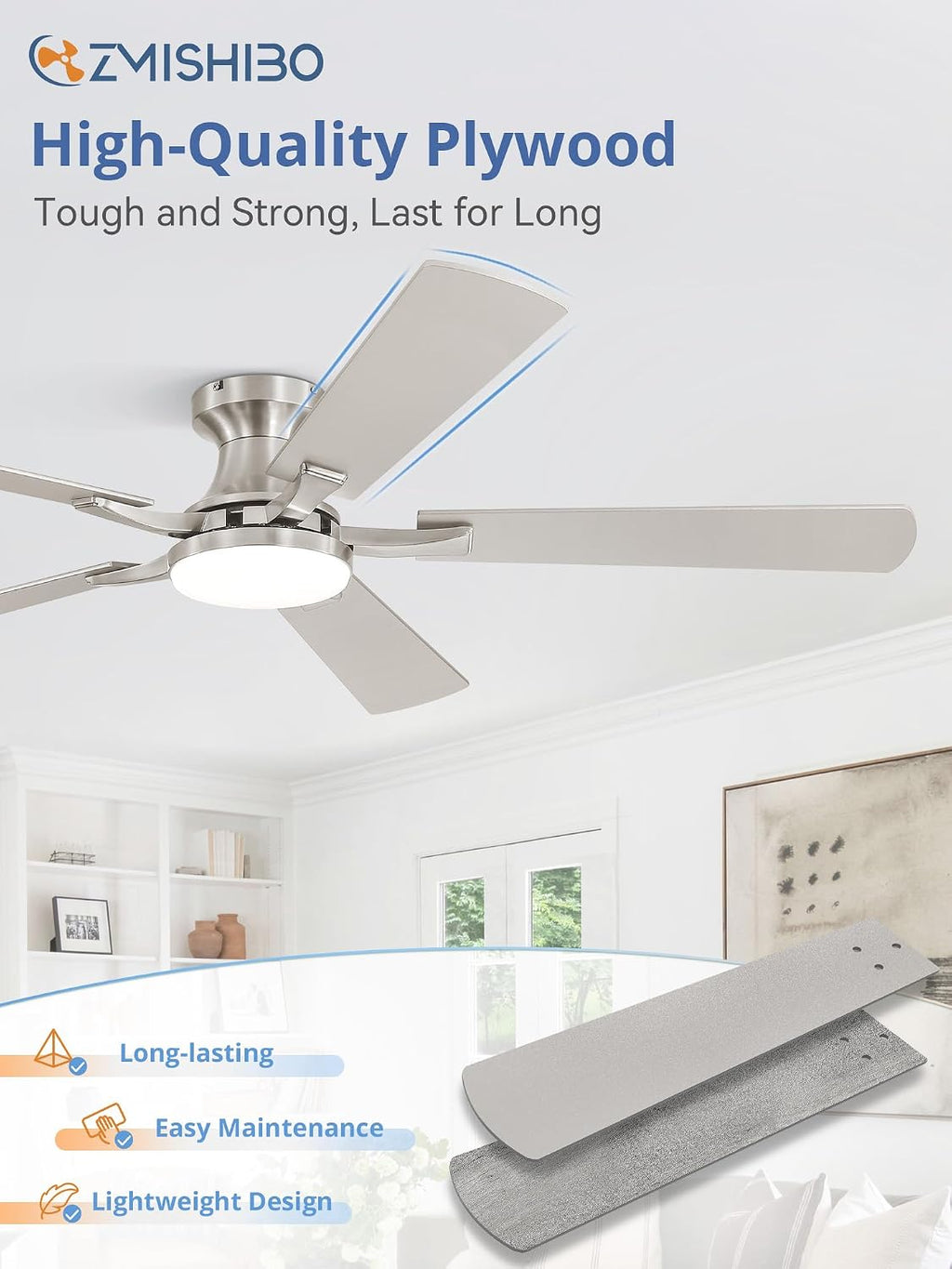 ZMISHIBO 60 Inch Ceiling Fan with Light, App&Remote Control, Flush Mount Low Profile, Dimmable 20W LED Light, Quiet Reversible Motor for Bedroom, Living Room, Apartment, Nickel