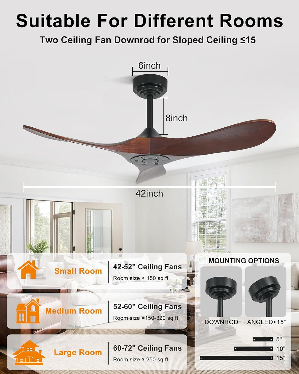 42 Inch Outdoor Ceiling Fans without Lights, Smart Wood Ceiling Fan no Light with Remote Control & Alexa/Google, Outdoor Fan for Patios Farmhouse 3 Blades High CFM Ceiling Fans Red Walnut