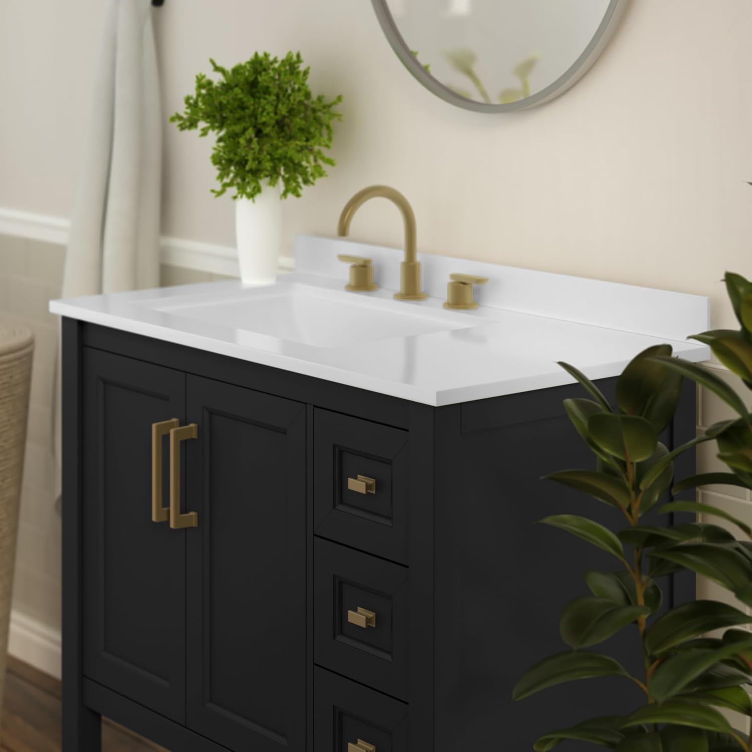 Flash Furniture Vega 36 Inch Bathroom Vanity with Sink, Storage Cabinet with Soft Close Doors, Open Shelf and 3 Drawers, Carrara Marble Finish Countertop, Black/Gold