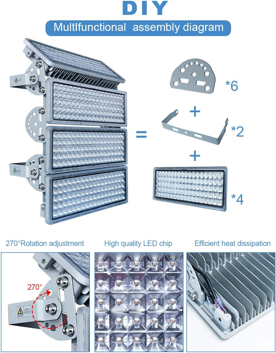 Kekeou Stadium Lights Outdoor LED Flood Light Outdoor 56000 Lumens Surge 6KV Field Lighting 6500K IP67 Waterproof Adjustable Lighting Angle Riding Arena Lights for Court