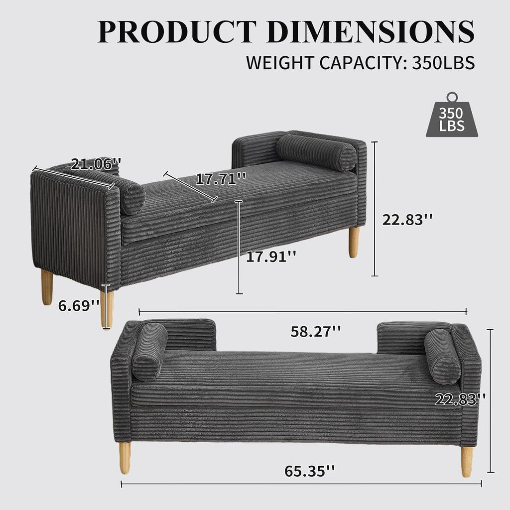 NIOIIKIT 65' Large Storage Ottoman Bench with 2 Pillows, Corduroy Upholstered Entryway Bench with Wood Leg, End of Bed Bench with Straight Armrest, Window Bench for Bedroom, Entryway (Dark Grey)
