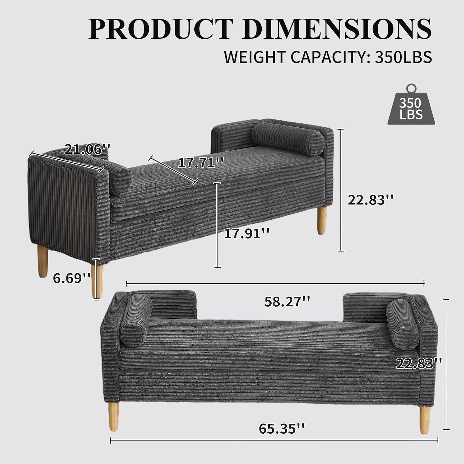 NIOIIKIT 65' Large Storage Ottoman Bench with 2 Pillows, Corduroy Upholstered Entryway Bench with Wood Leg, End of Bed Bench with Straight Armrest, Window Bench for Bedroom, Entryway (Dark Grey)