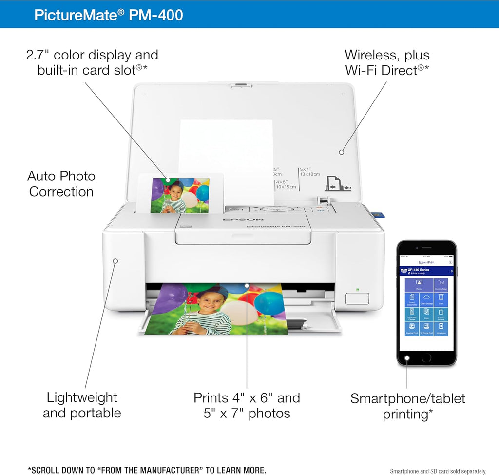 Epson PictureMate PM-400 Wireless Compact Color Photo Printer, white