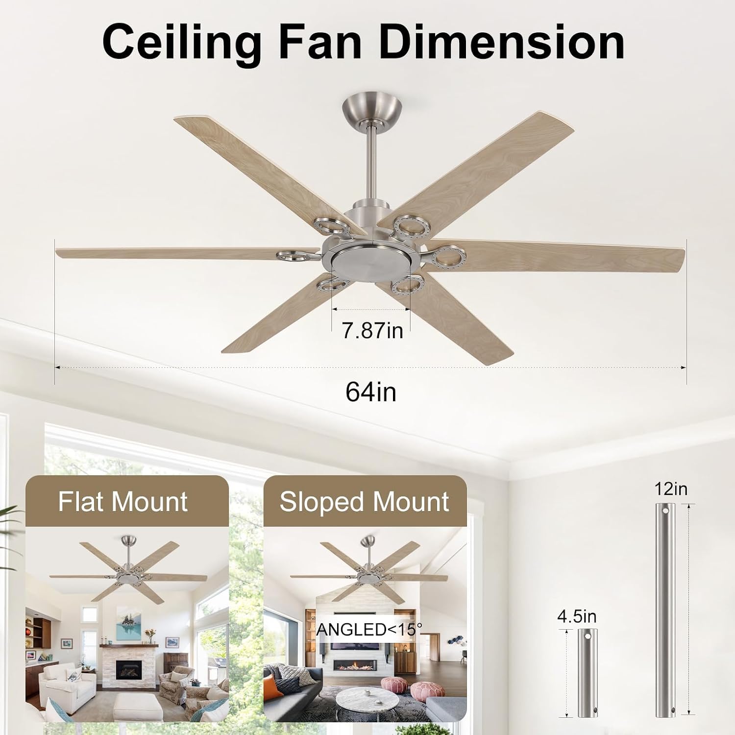WINGBO Ceiling Fan no Light - 64 inch Ceiling Fan with Remote Control,6 Blades Modern Ceiling Fan, 6-Speed Noiseless Timer Powerful DC Motor, ETL Listed, Indoor/Outdoor, Nickel + Light Wood