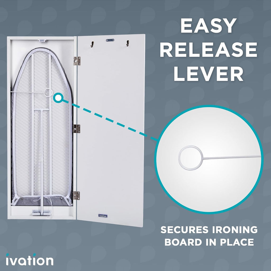 Ivation Wall-Mounted Ironing Board Cabinet, Foldable Ironing Storage Station for Home, Apartment, Easy-Release Lever, Garment Hooks, with Full Mirror Door, White