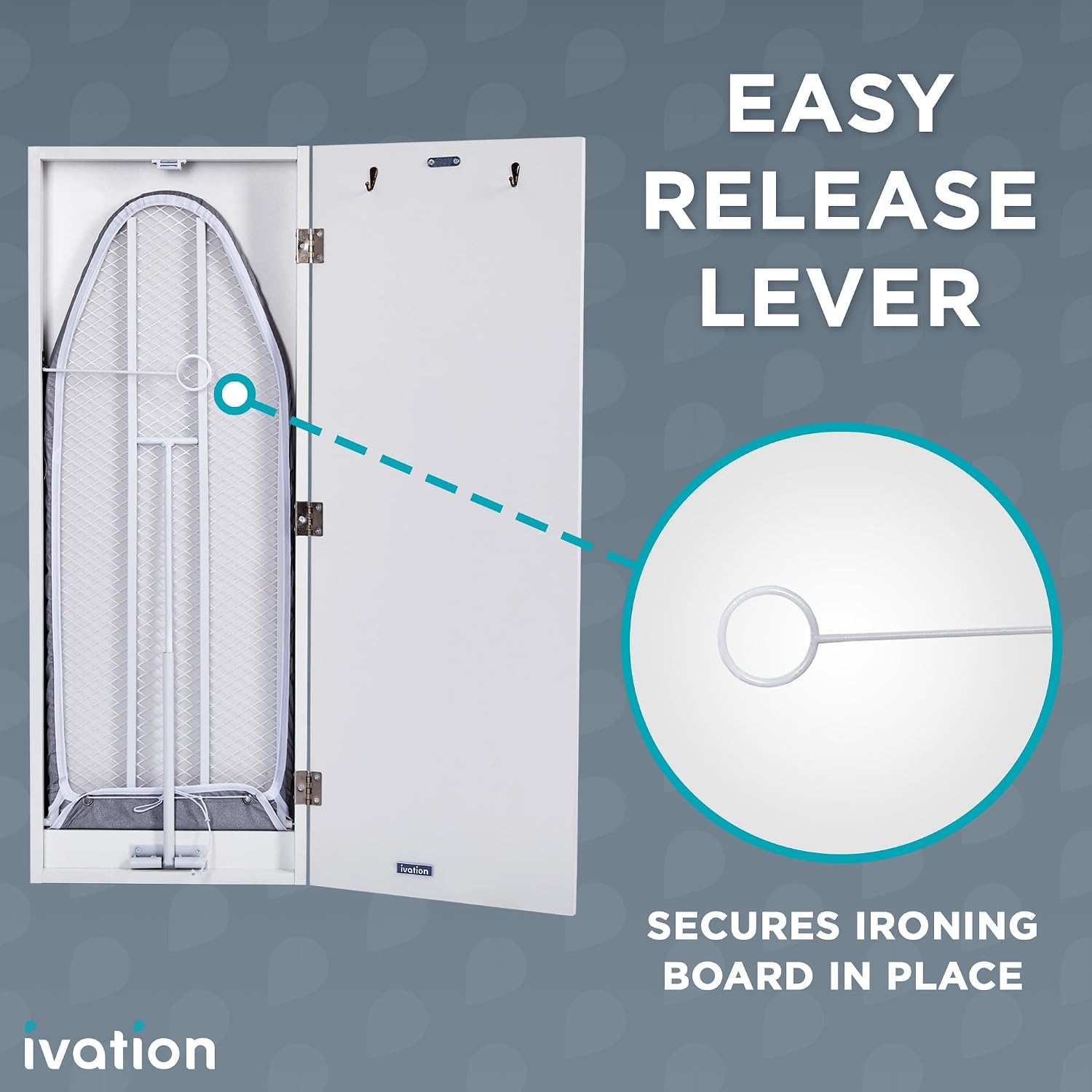 Ivation Wall-Mounted Ironing Board Cabinet, Foldable Ironing Storage Station for Home, Apartment, Easy-Release Lever, Garment Hooks, with Full Mirror Door, White