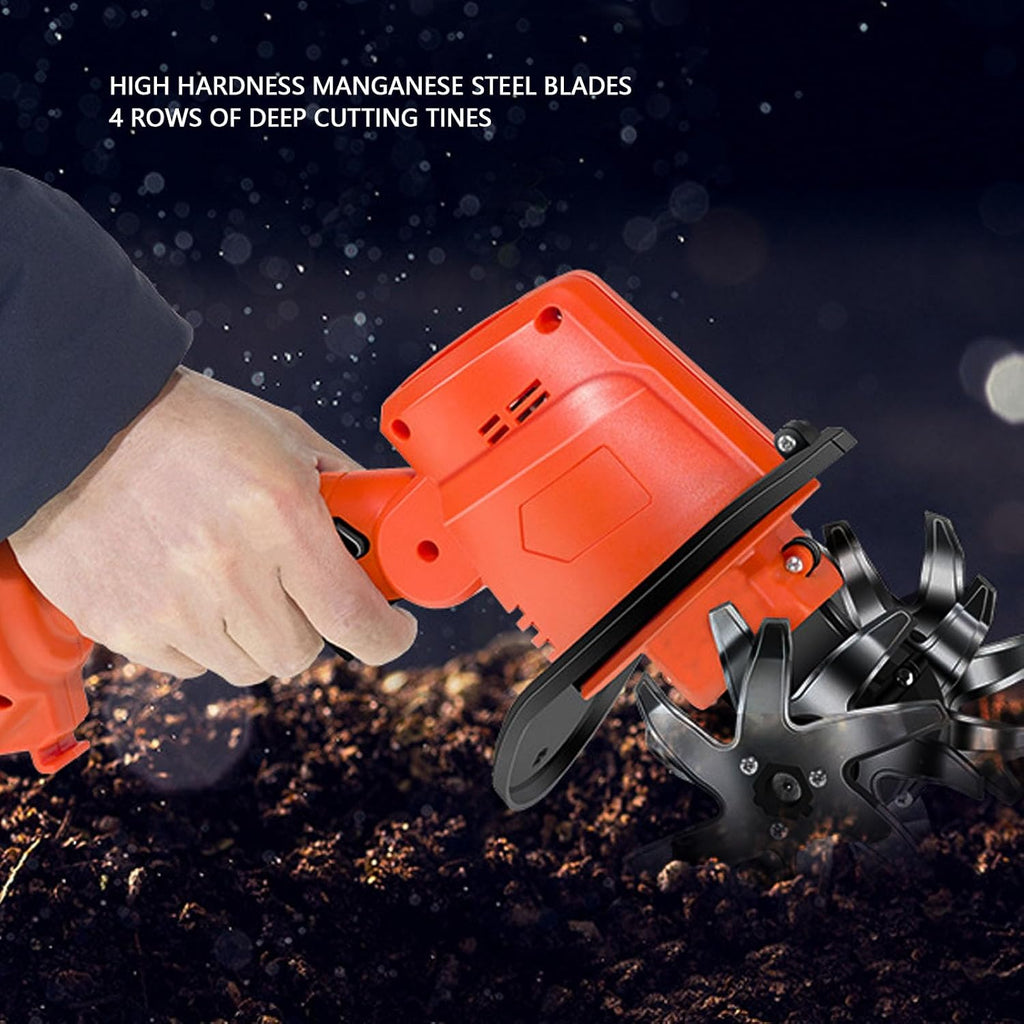 CHICIRIS Cordless Mini Tiller Cultivator, 235RPM Electric with 4 Manganese Steel Blades for Gardening, with 2 x 1.5Ah Batteries 1 Charger, for Soil Weeding Digging in Flower Beds (US Plug)