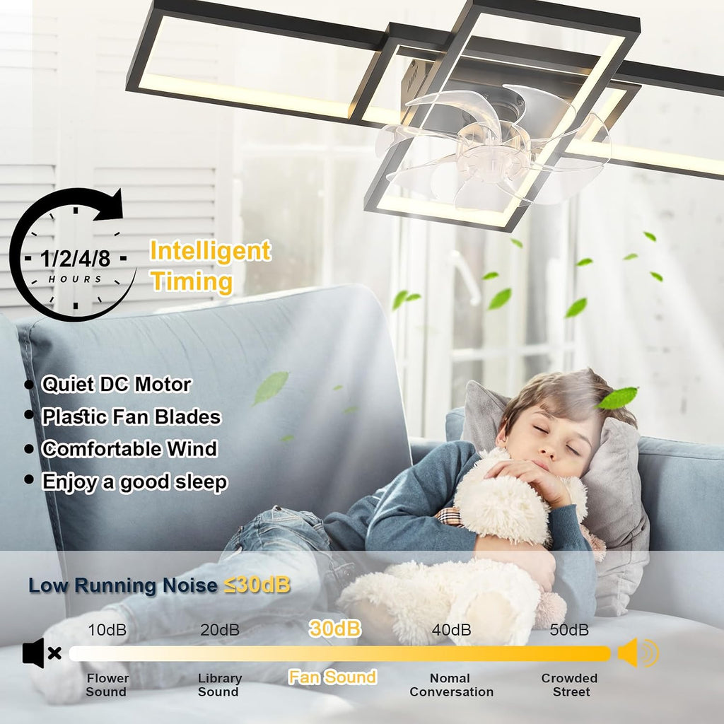 GEADI Modern Ceiling Fan with Light,Dimmable Flush Mount Ceiling Fans with Lights and Remote,35.4' Black Led Fandelier,Low Profile Ceiling Fan for Bedroom,Kitchen（6-Speed,Timing,3000-6000k）