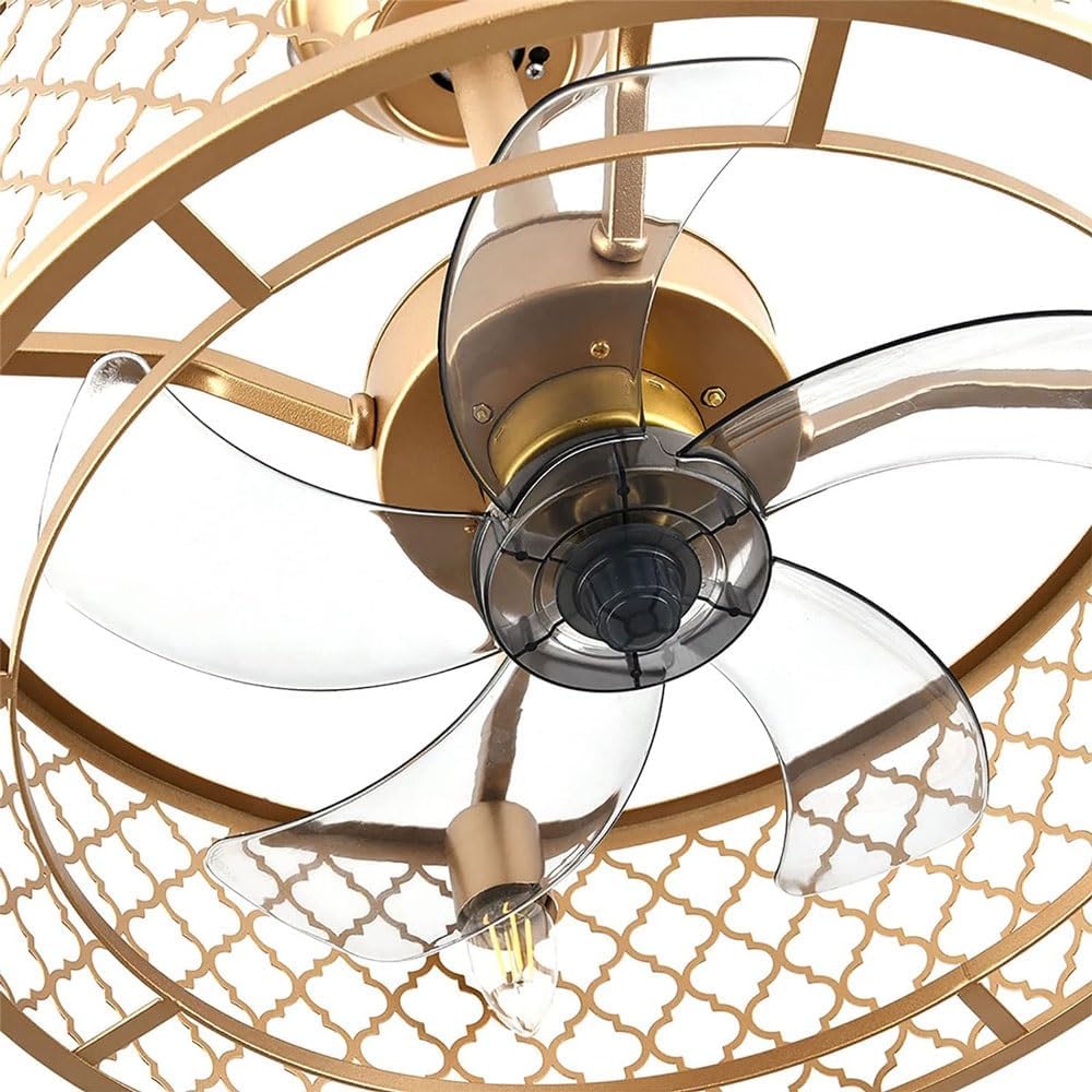 LYZAP Enclosed Ceiling Fan Indoor Remote，20inch Industrial Ceiling Fan with Lights，Gold Caged Retro Ceiling Fan Metal Bladeless，Chandelier Fan Lighting Fixture for Living Dining Room Bedroom Kitchen