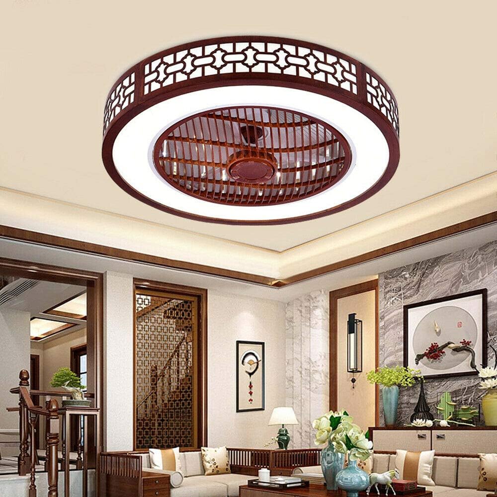 22' Round Wood Ceiling Fan with Lights, Red Retro Cutout LED Remote Control 3 Colors Lighting Modes, Acrylic Blades Metal Shell Semi Flush Mount Low Profile Lamp Home Dining Room Indoor