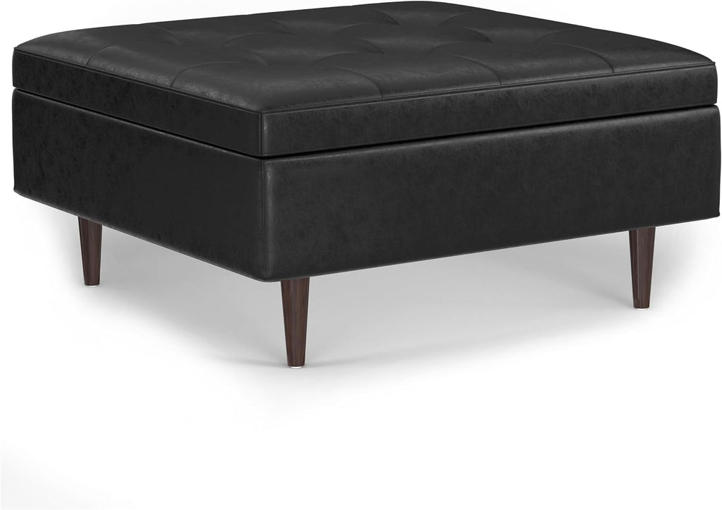 SIMPLIHOME Shay 38 inch Wide Mid Century Modern Large Square Coffee Table Storage Ottoman in Distressed Black Vegan Faux Leather, Assembled, for the Living Room and Entryway