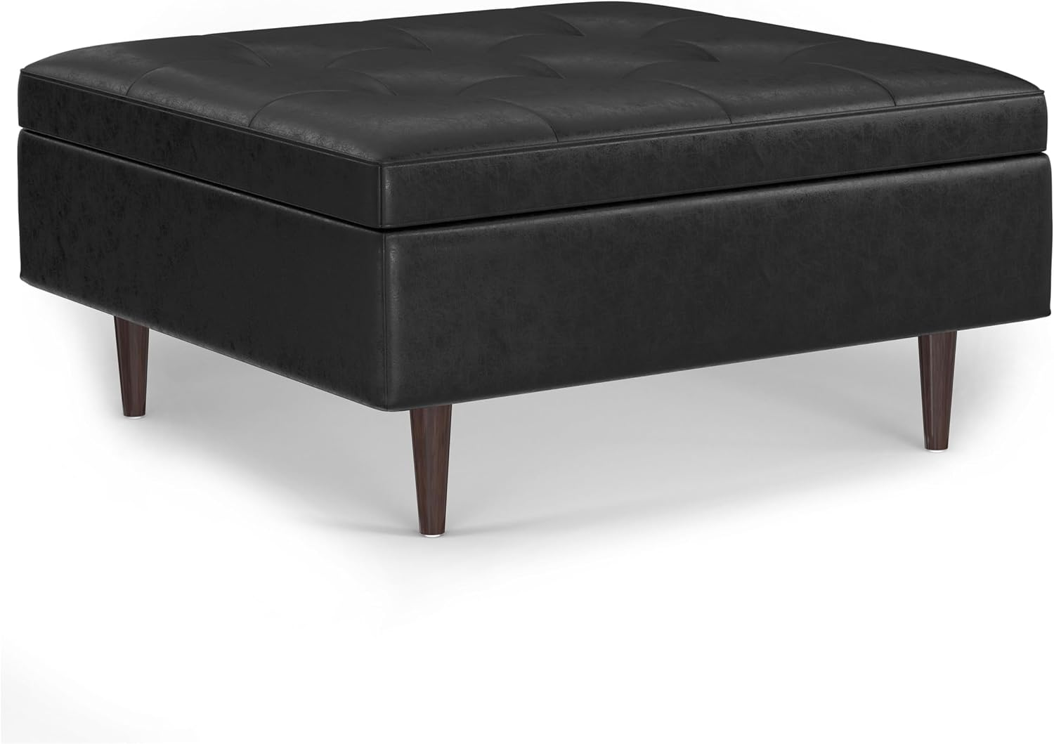 SIMPLIHOME Shay 38 inch Wide Mid Century Modern Large Square Coffee Table Storage Ottoman in Distressed Black Vegan Faux Leather, Assembled, for the Living Room and Entryway