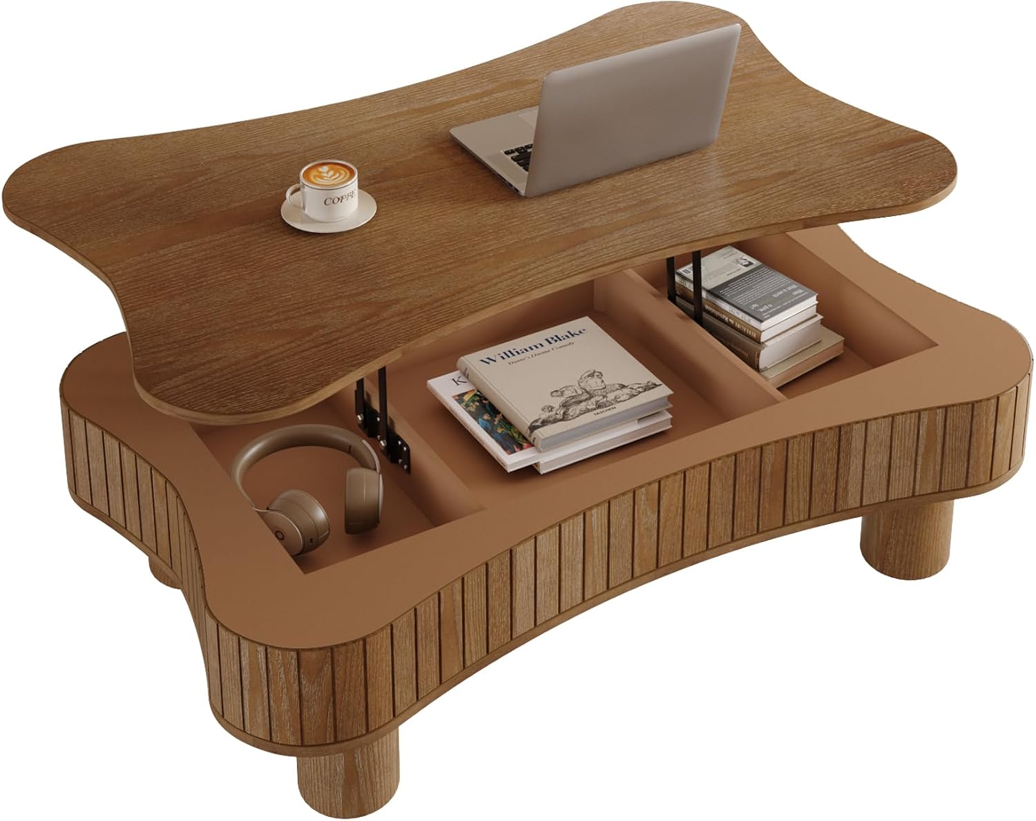 Zurnes Lift Top Coffee Table with Storage, 42' Accent Table for Living Room, Fluted Panel Hidden Storage, Silent Hydraulic Lift, Curved Corners, Easy Assembly, Walnut