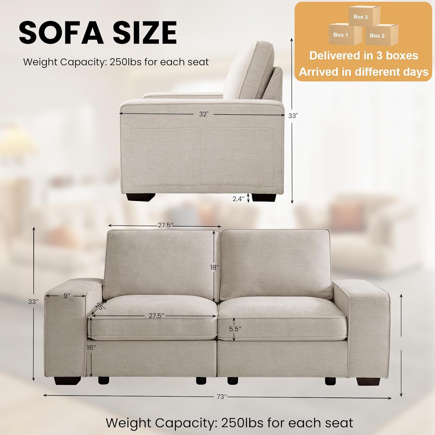 TEKAMON 73' Loveseat Sofa with Seat Storage, 2-Seater Modular Sofa Couch for Living Room, Chenille Fabric, Solid Wood Frame, Spring Cushions, USB Charging, Removable Covers, Side Pockets, Beige