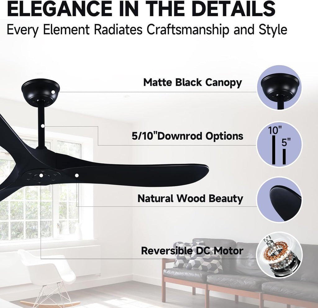 Black Ceiling Fans without Lights, 70'' Modern Solid Wood Ceiling Fan with Remote, Quiet DC Motor, Flush Mount Low Profile Indoor or Covered Patio Ceiling Fan for Bedroom Living Room