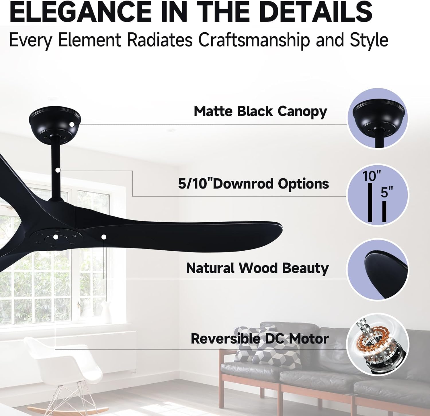 Black Ceiling Fans without Lights, 70'' Modern Solid Wood Ceiling Fan with Remote, Quiet DC Motor, Flush Mount Low Profile Indoor or Covered Patio Ceiling Fan for Bedroom Living Room