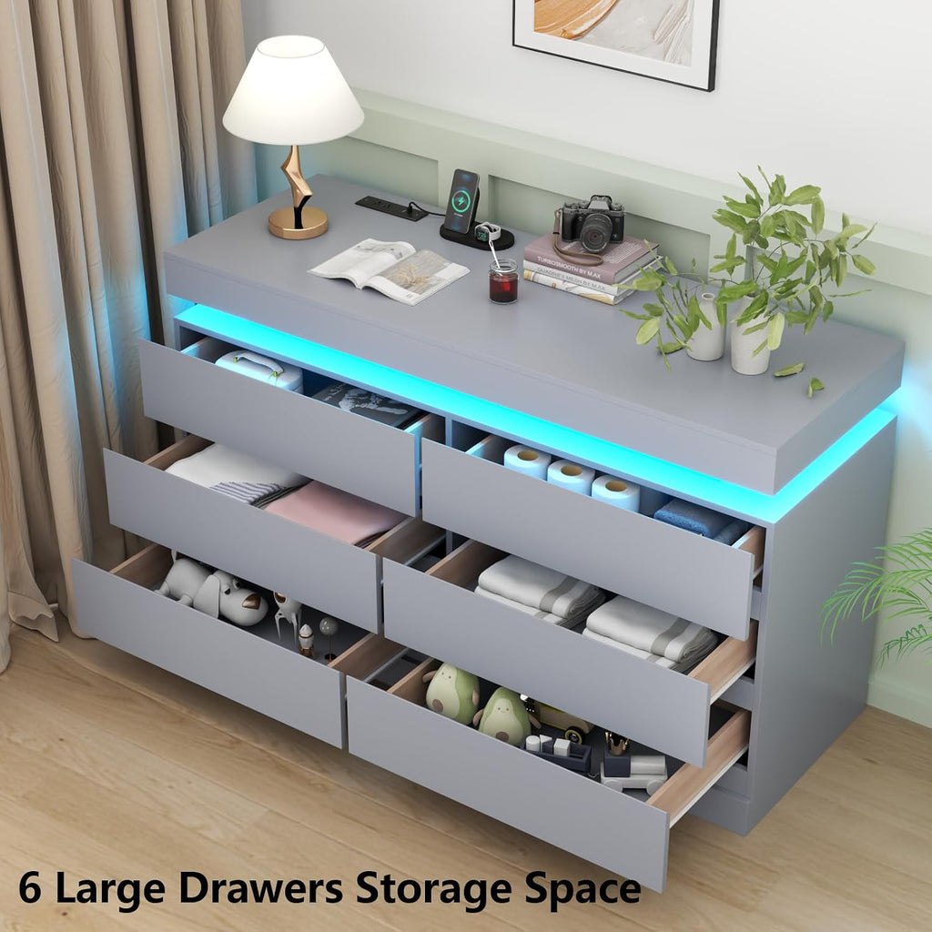 Gyfimoie 6 Drawer Dresser with Power Outlet, Dresser with LED Light, Modern Chest of Drawers for Closet, Double Wide Drawer Organizer Cabinet for Bedroom, Living Room (Grey, 6 Drawers)