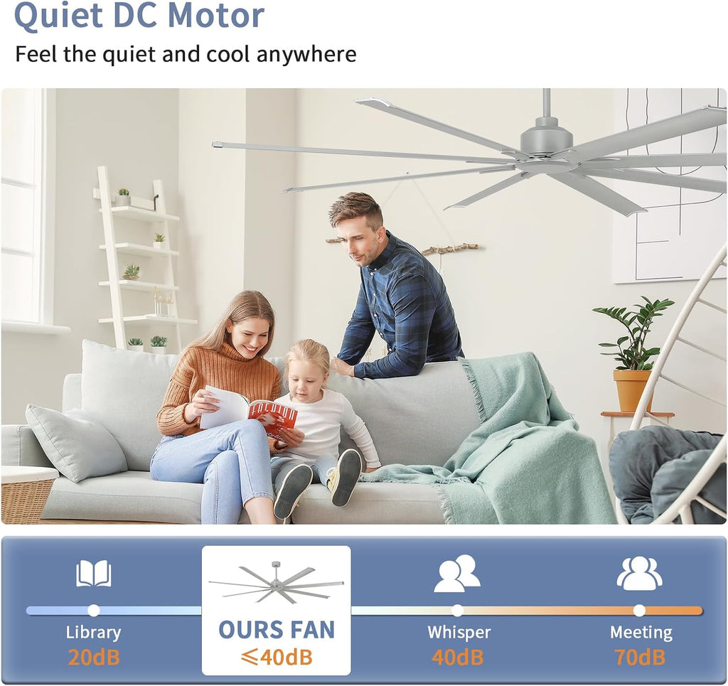 YYEHON 84 inch Large Ceiling Fans No Lights，Industrial Ceiling Fan with 8 Aluminum Blades,3 Downrod，6-Speed Remote Control, Home or Commercial Ceiling Fan for Porch，Garage，Shop